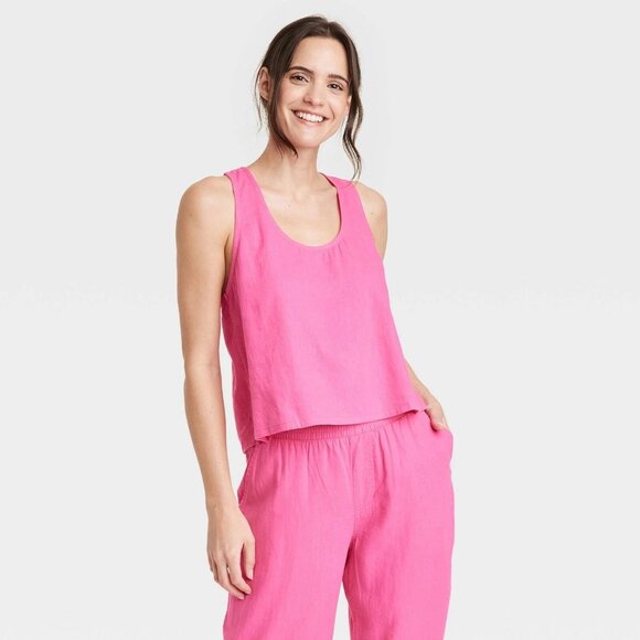 Stars Above Deep Pink Linen Blend Racerback Pajama Tank Top -- Women's Medium - Picture 1 of 5